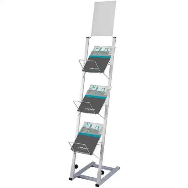 Display katalogstander 4xA4 sølv med topskilt 150cm