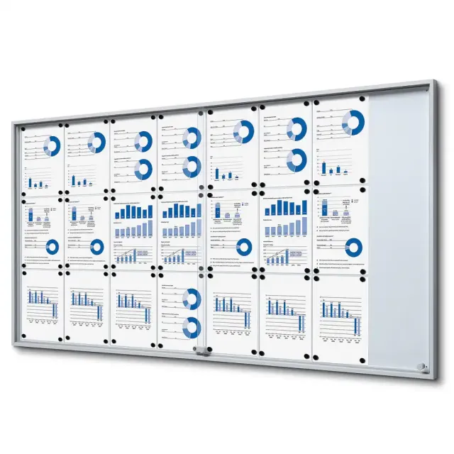 Display opslagsskab slim skydedøre 24xA4 sølv aflåselig