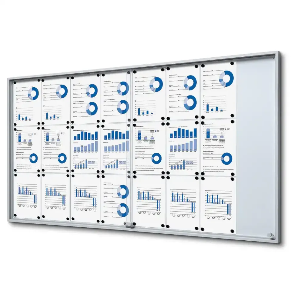 Display opslagsskab slim skydedøre 24xA4 sølv aflåselig